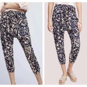 Hei Hei Navy Beige Floral Print Drawstring Waist Cropped Loose Fit Harem Pants M